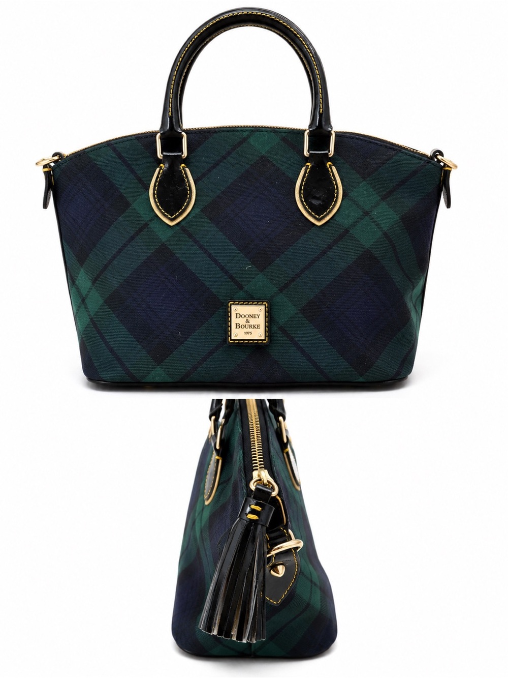 Dooney & Bourke Green and Navy Plaid Satchel with Black Trim CT